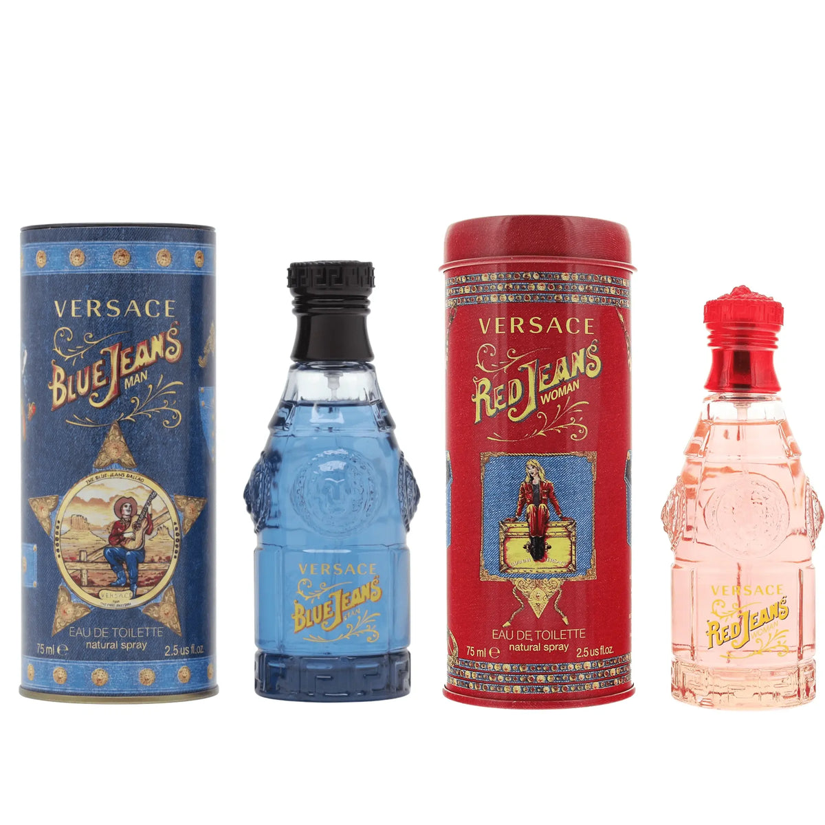 Versace Red Jeans Eau de Toilette Spray 75ml for Her & Versace Blue Jeans Eau de Toilette 75ml for Men His & Hers Fragrance Duo Gift Set | Iconic Versace Couple Perfume Bundle Versace