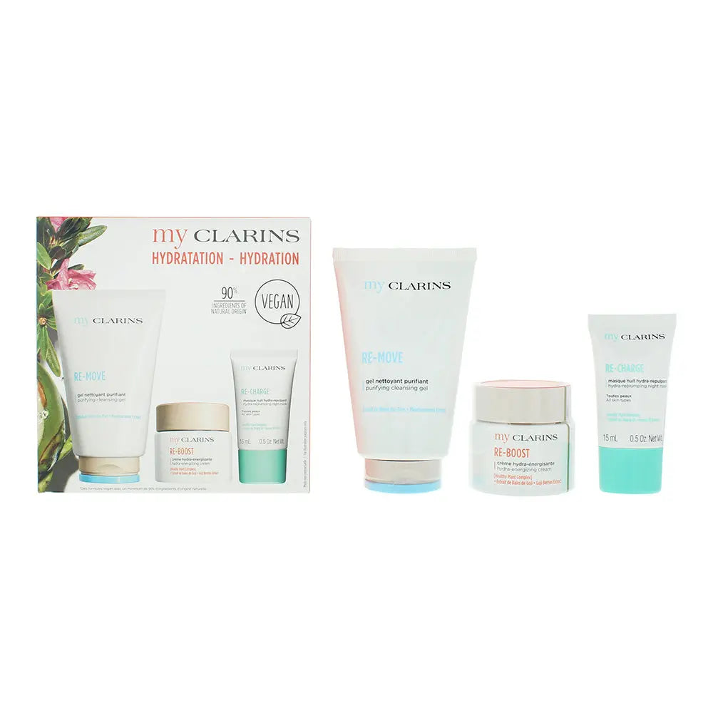 Clarins Hydration 3 Piece Gift Set: Cleansing Gel 125ml - Energising Face Cream 50ml - Replumping Night Mask 15ml Clarins