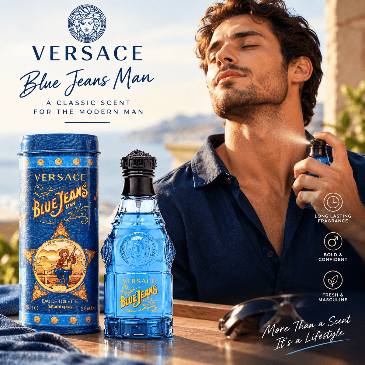 Set of 2 Versace Blue Jeans Eau de Toilette 75ml each for Men – Fresh Citrus Woody Fragrance, Long Lasting Classic Cologne Spray, Everyday Casual Scent The Beauty Store