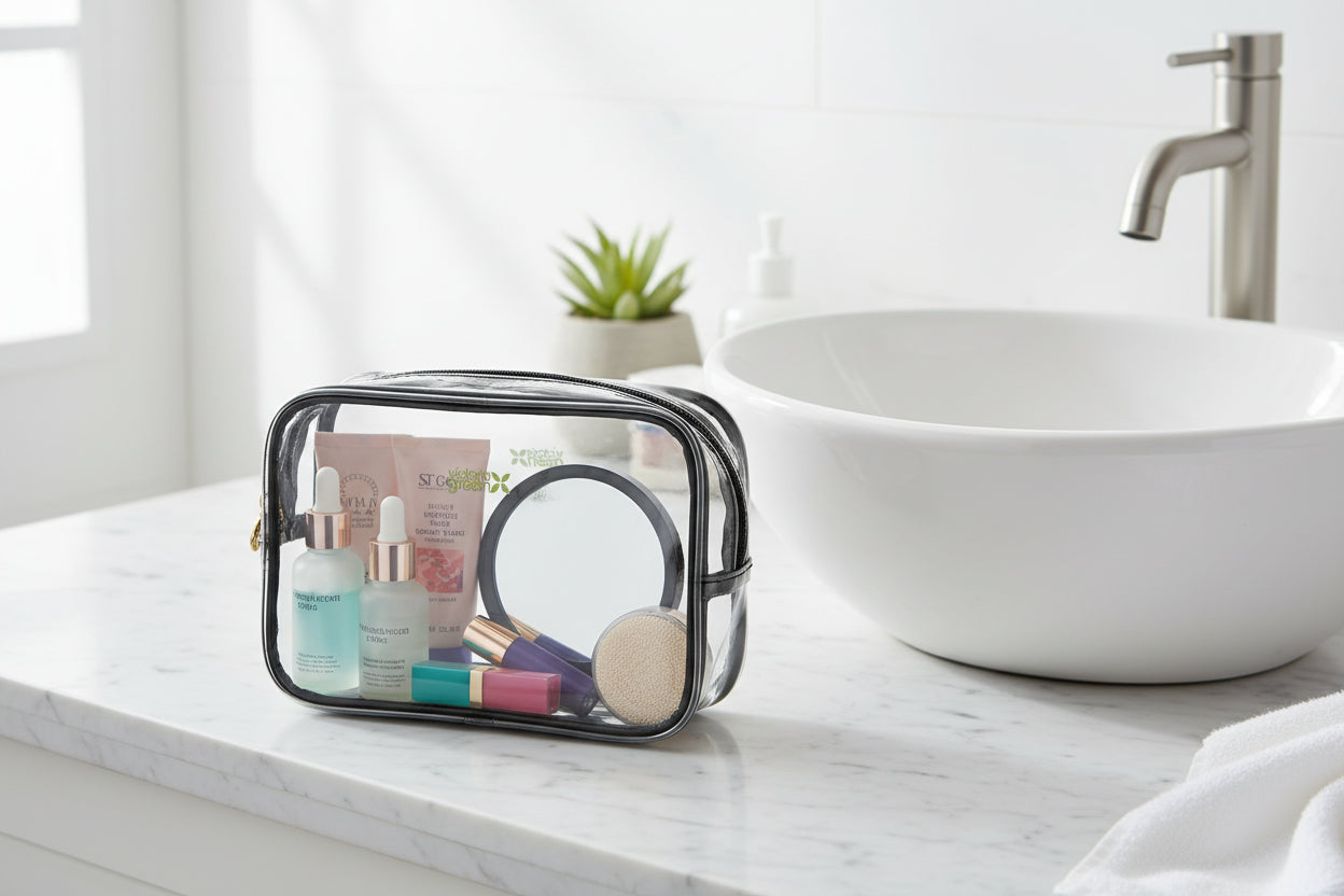 Victoria Small Makeup Bag for Travel - Clear with Black Edge