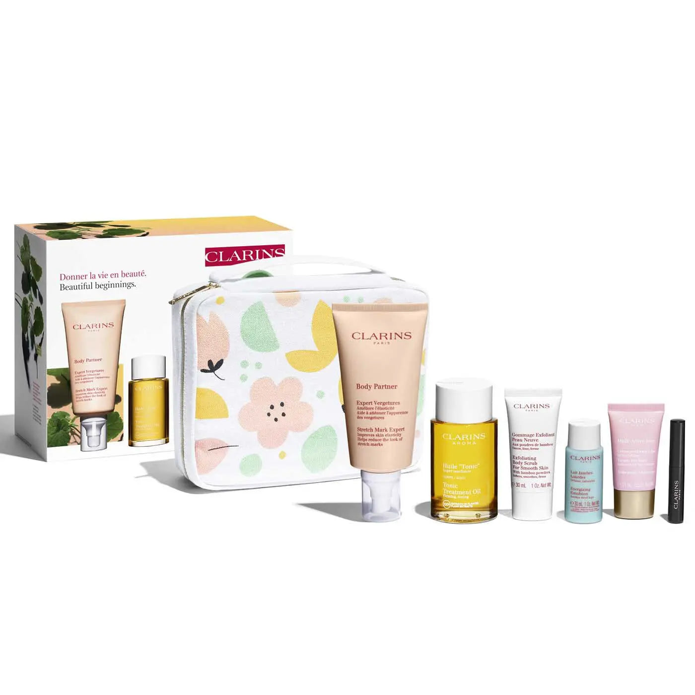 Clarins Beautiful Beginnings Marternity 5 Piece Gift Set: Body Oil 100ml - Body Scrub 30ml - Day Cream 15ml - Legs Emulsion 30ml - Mascara 3ml - Body Clarins