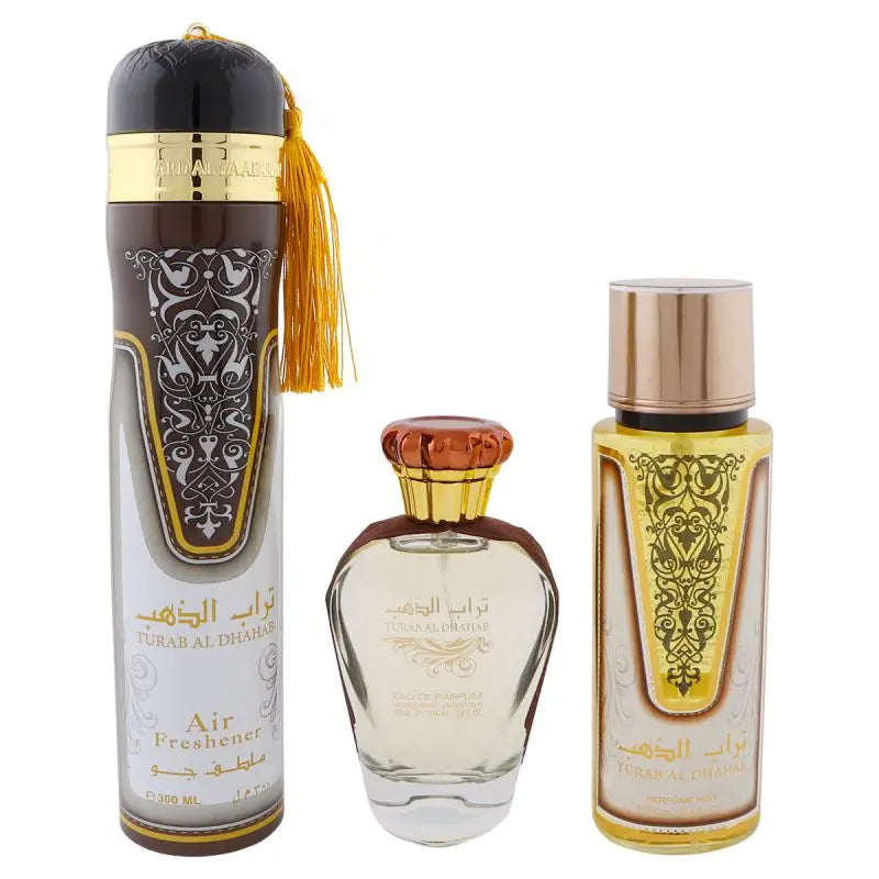 Ard Al Zaafaran Turab Al Dhahab Gift Set EDP 100ml + Perfume Mist 250ml + Air Freshener 300ml Ard Al Zaafaran