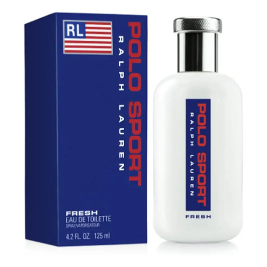 Ralph Lauren Polo Sport Fresh Eau de Toilette bottle and its blue packaging box, featuring a white bottle with a silver cap and a blue box with red and white text.