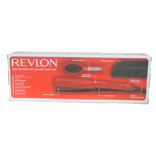 Revlon Smooth Results Styler Set Red Styling Iron + Brush + Pouch Revlon