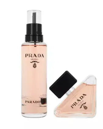Prada perfume bottle and packaging on a white background