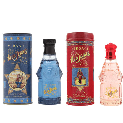 Versace Red Jeans Eau de Toilette Spray 75ml for Her & Versace Blue Jeans Eau de Toilette 75ml for Men His & Hers Fragrance Duo Gift Set | Iconic Versace Couple Perfume Bundle Versace