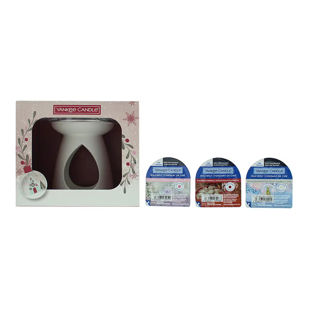 Yankee 5 Piece Gift Set: Wax Melt Warmer - Snowflake Kisses Wax Melt 28g - Peppermint Pinwheels Wax Melt 28g - Snow Globe Wonderland Wax Melt 28g - Yankee