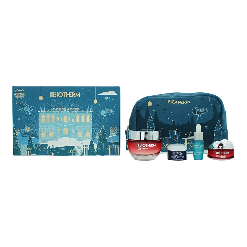 Biotherm Blue Therapy Red Algae Uplift 4 Piece Gift Set: Red Algae Cream 50ml - Plankton Elixir Serum 7ml - Eye Cream 5ml - Night Cream 15ml - Pouch Biotherm