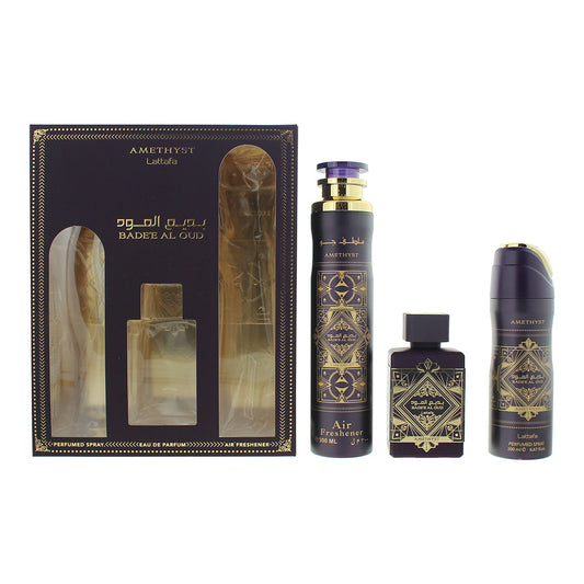 Lattafa Bade'e Al Oud Amethyst 3 Piece Gift Set: Eau De Parfum 100ml - Air Fresh Bade'e Al Oud