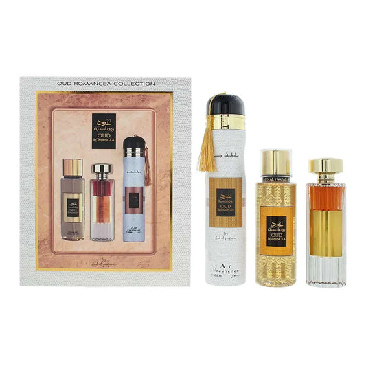 Ard Al Zaafaran Oud Romancea 3 Piece Gift Set: Eau De Parfum 100ml - Perfume Mist 250ml - Air Freshener 300ml Oud Romancea