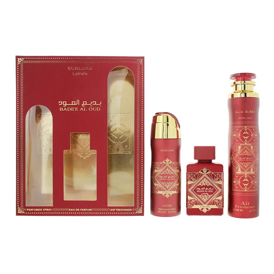 Lattafa Bade'e Al Oud Sublime 3 Piece Gift Set: Eau de Parfum 100ml - Air Freshener 300ml - Perfumed Body Spray 200ml Bade'e Al Oud
