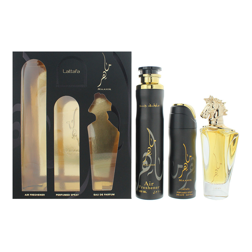 Lattafa Maahir 3 Piece Gift Set: Eau de Parfum 100ml - Air Freshener 300ml - Perfumed Body Spray 200ml Maahir
