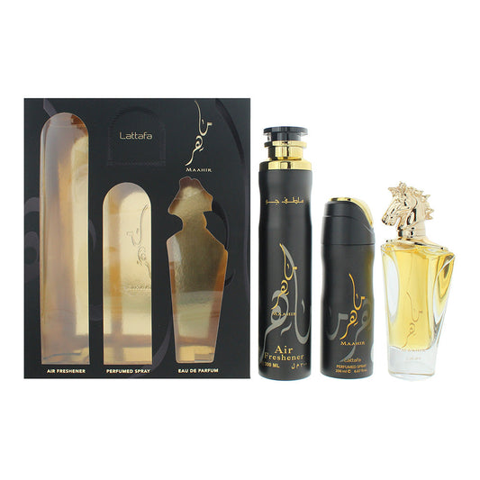 Lattafa Maahir 3 Piece Gift Set: Eau de Parfum 100ml - Air Freshener 300ml - Perfumed Body Spray 200ml Maahir
