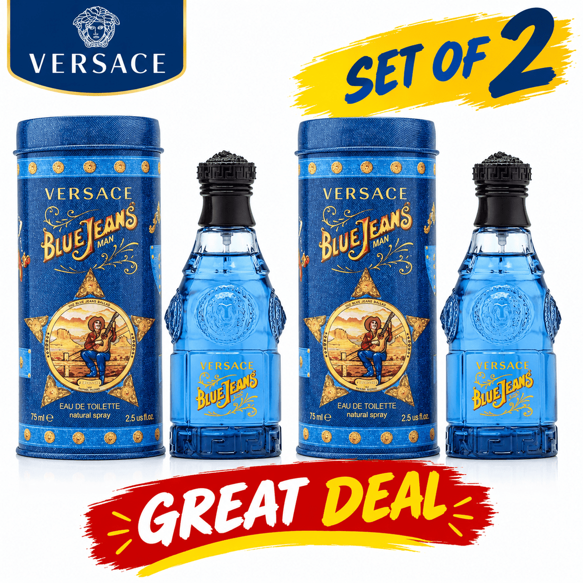 Set of 2 Versace Blue Jeans Eau de Toilette 75ml each for Men – Fresh Citrus Woody Fragrance, Long Lasting Classic Cologne Spray, Everyday Casual Scent The Beauty Store