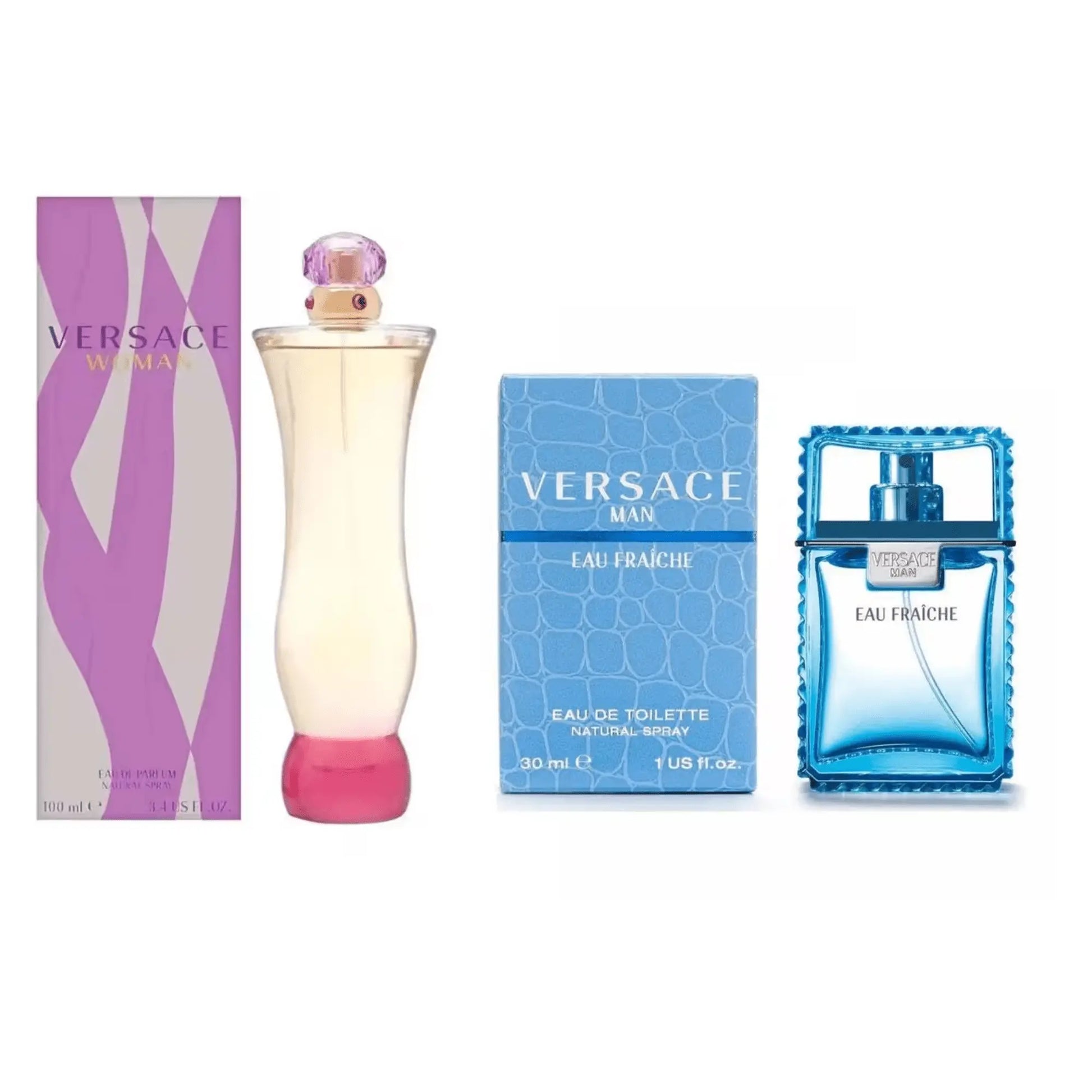 Versace Man Eau Fraiche Eau de Toilette Spray 30ml & Versace Woman Eau de Parfum Spray 100ml Luxury Fragrance Gift Set His & Hers Iconic Signature Scent EDT EDP Perfume Bundle Couple Set The Beauty Store