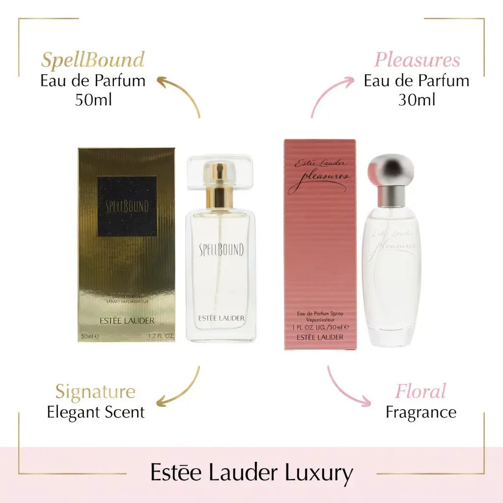 Estee Lauder Pleasures Eau de Parfum Spray 30ml & Estee Lauder Spellbound Eau de Parfum 50ml Fresh Clean Floral & Rich Warm Oriental Feminine Fragrance Duo Gift Set | Compact & Full Size Luxury EDP Perfume Bundle The Beauty Store