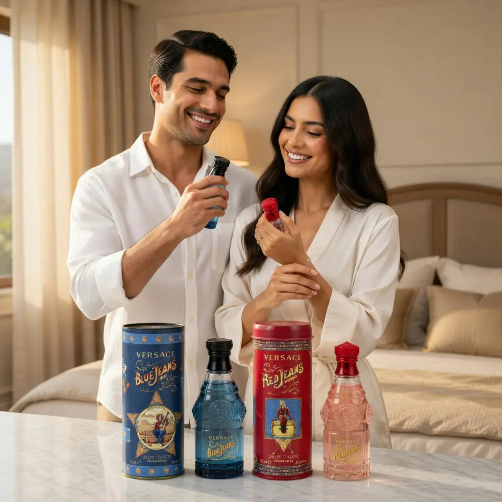 Versace Red Jeans Eau de Toilette Spray 75ml for Her & Versace Blue Jeans Eau de Toilette 75ml for Men His & Hers Fragrance Duo Gift Set | Iconic Versace Couple Perfume Bundle Versace