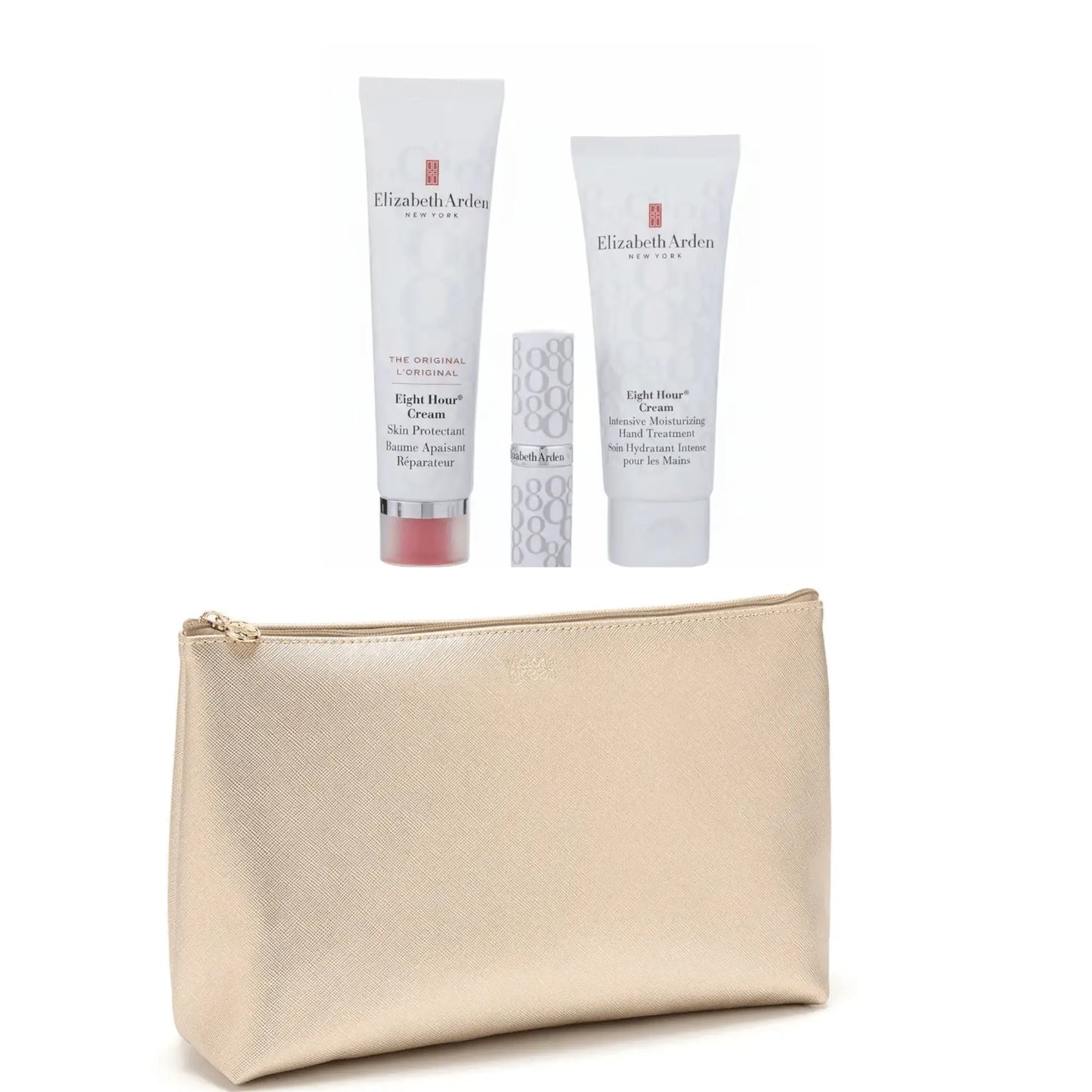 Elizabeth Arden Gift Set Eight Hour Cream 50ml + Hand Cream 75ml + Lip Balm 3.7g + Free Victoria Green Mia Large Makeup Bag in Gold The Beauty Store