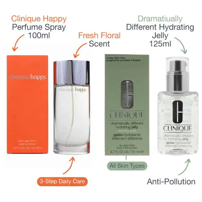 Clinique Happy Eau de Parfum Spray 100ml & Clinique Dramatically Different Hydrating Jelly 125ml Fresh Citrus Floral Fragrance & Oil-Free Face Moisturiser Duo Gift Set | Full Size Skincare & Perfume Bundle The Beauty Store