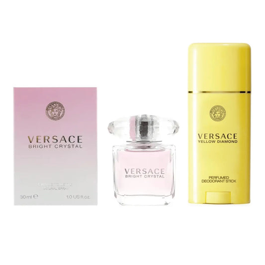 Versace Bright Crystal Eau de Toilette Spray 30ml & Yellow Diamond Deodorant Stick 50ml Women's Luxury Fragrance Gift Set Floral Fresh Scented Daily Skincare Bundle Versace