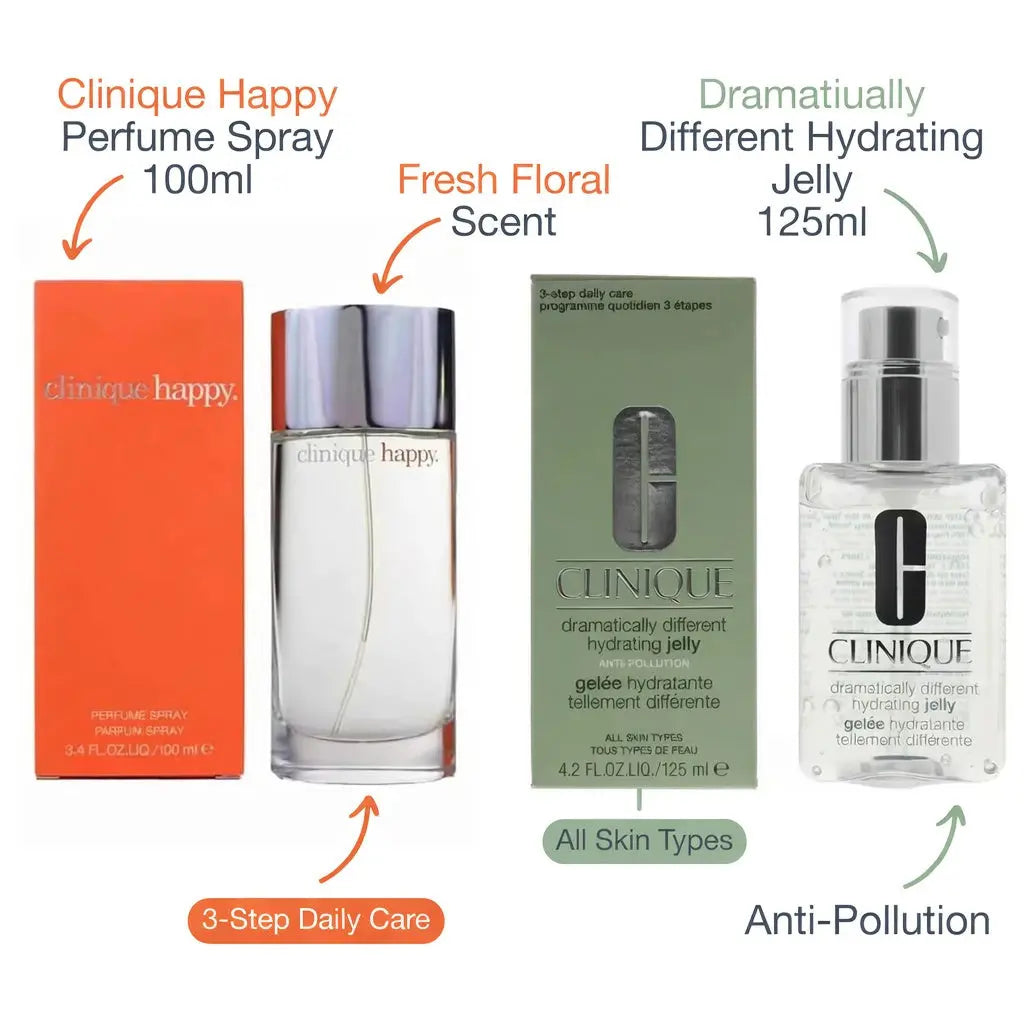 Clinique Happy Eau de Parfum Spray 100ml & Clinique Dramatically Different Hydrating Jelly 125ml Fresh Citrus Floral Fragrance & Oil-Free Face Moisturiser Duo Gift Set | Full Size Skincare & Perfume Bundle The Beauty Store