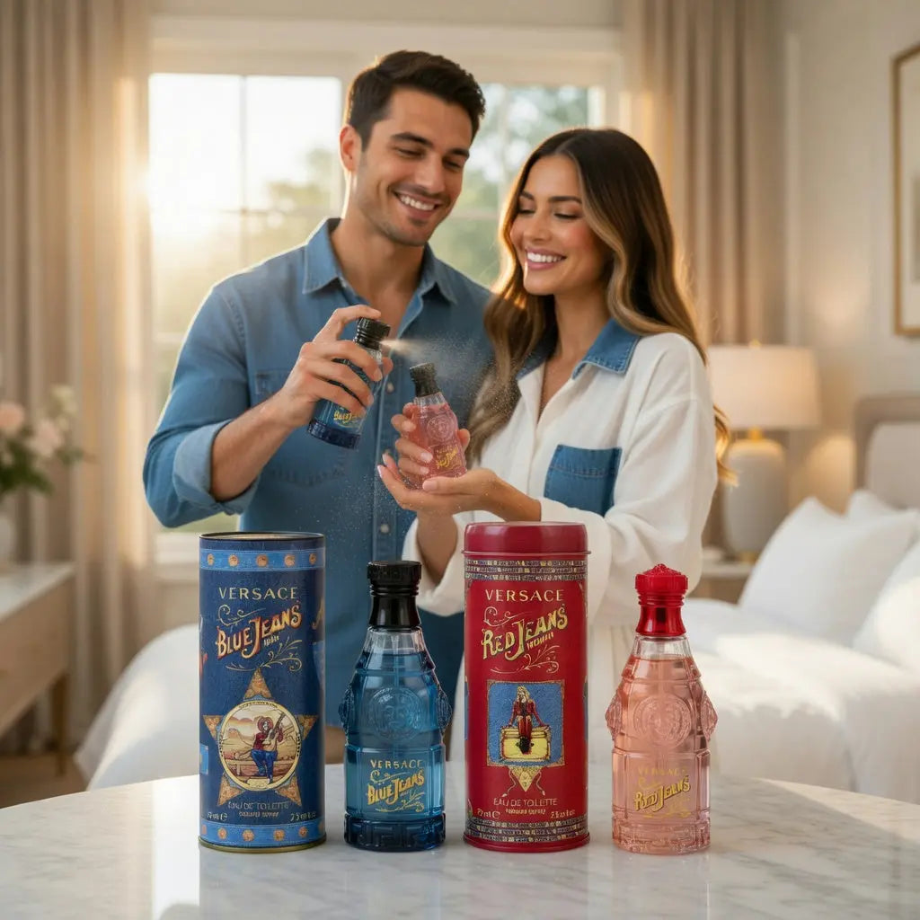 Versace Red Jeans Eau de Toilette Spray 75ml for Her & Versace Blue Jeans Eau de Toilette 75ml for Men His & Hers Fragrance Duo Gift Set | Iconic Versace Couple Perfume Bundle Versace