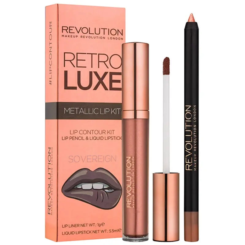 Revolution Retro Luxe Metallic Lip Kit Sovereign Lip Liner 1g  Liquid Lipstick 5.5ml Revolution