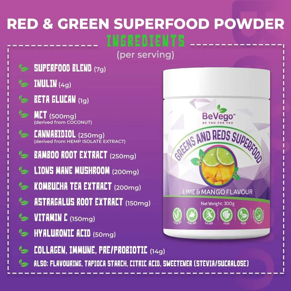 BeVego Red & Green Superfood Powder 300g - Lime & Mango Flavour - The Beauty Store