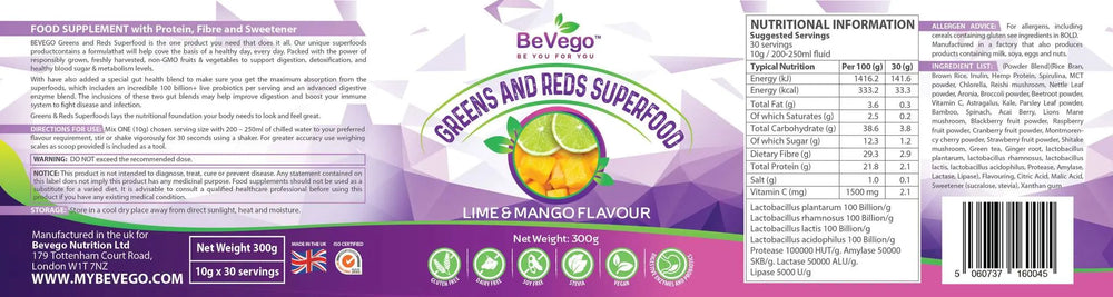 BeVego Red & Green Superfood Powder 300g - Lime & Mango Flavour - The Beauty Store