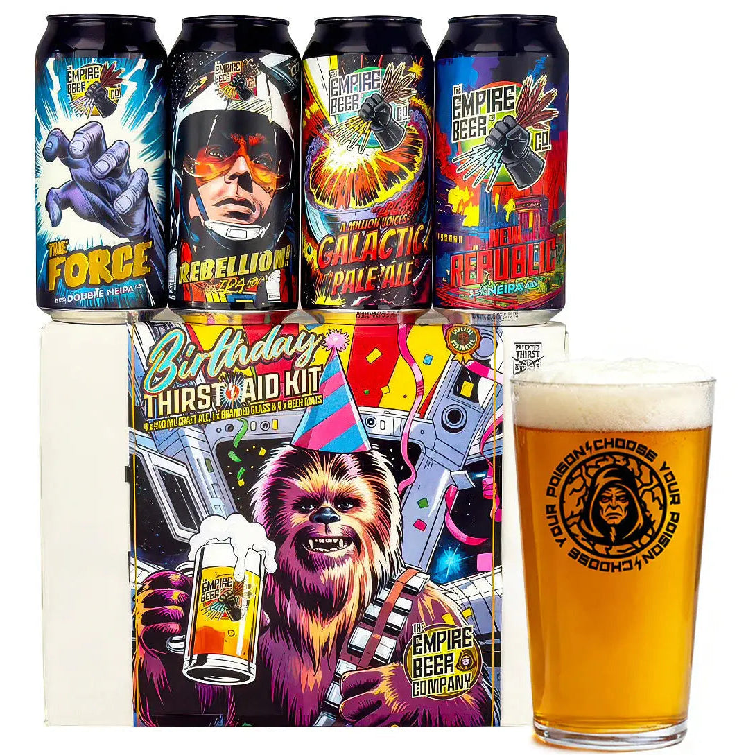 Birthday Thirst Aid Kit 4 x 440ml Craft Ale + 1 x Branded Glass + 4 x Beer Mats The Empire Beer Co.