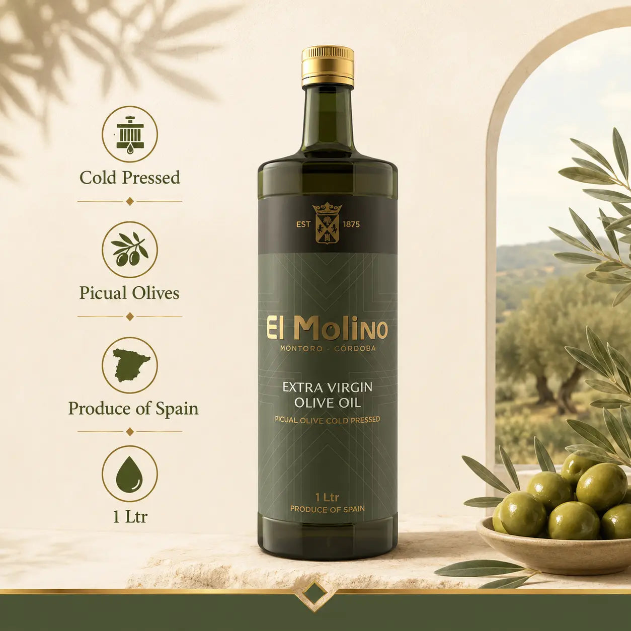 El Molino Extra Virgin Olive Oil Picual Olive Cold Pressed 1 Ltr