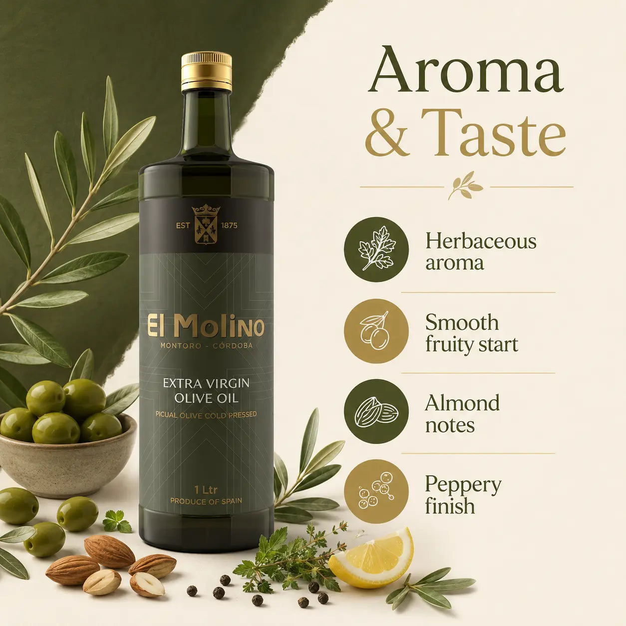El Molino Extra Virgin Olive Oil Picual Olive Cold Pressed 1 Ltr