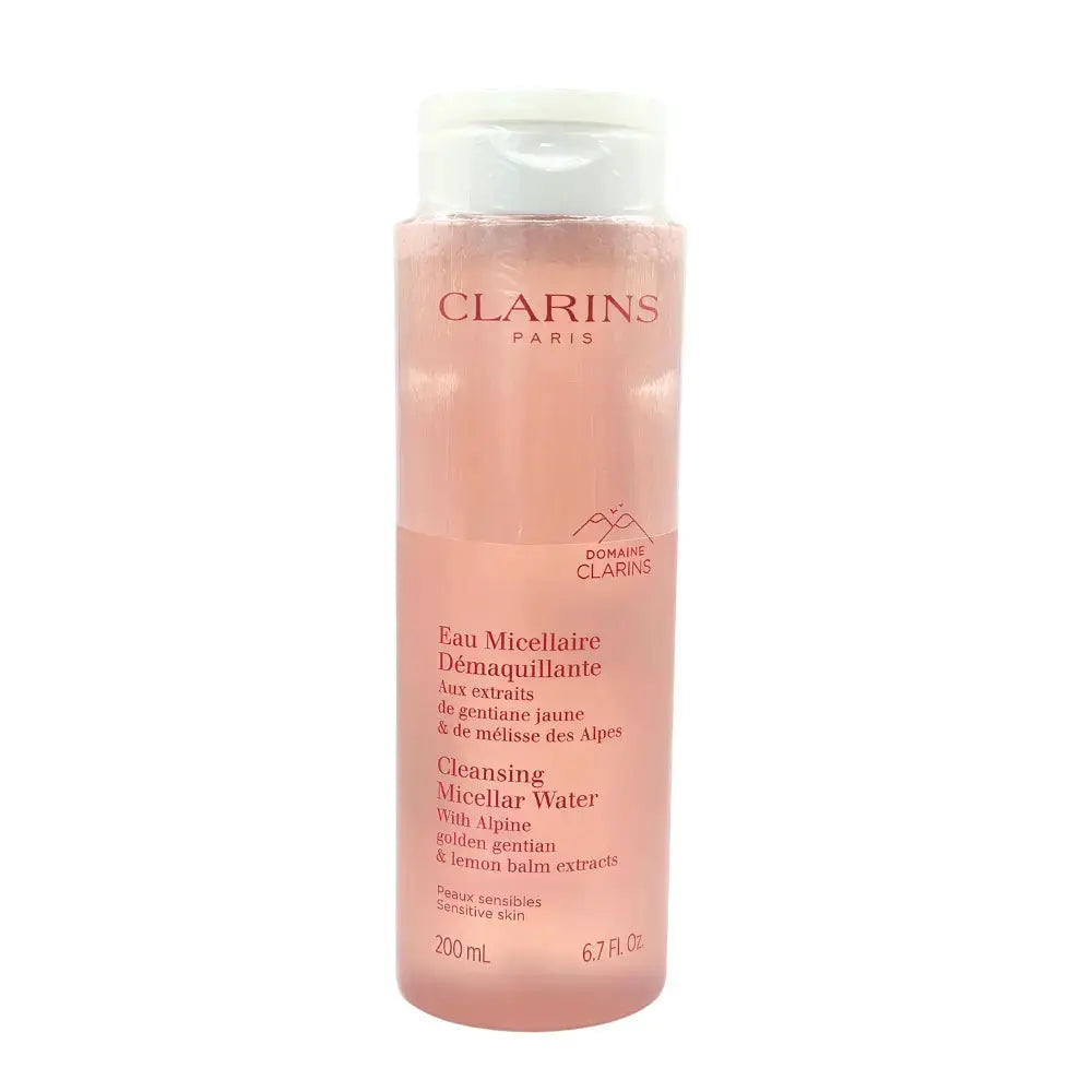 Clarins cleansing micellar water bottle on a white background