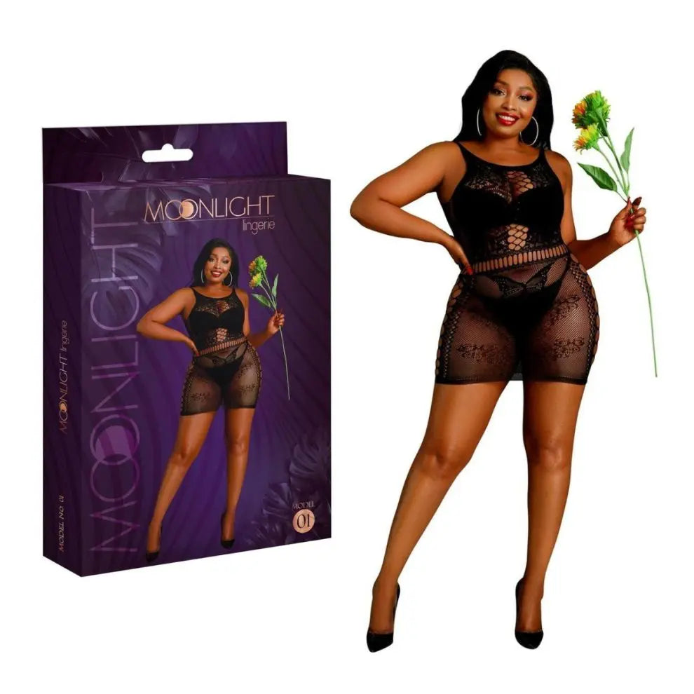 Moonlight Black Cut Out Floral Mini Dress Plus Size Moonlight Lingerie