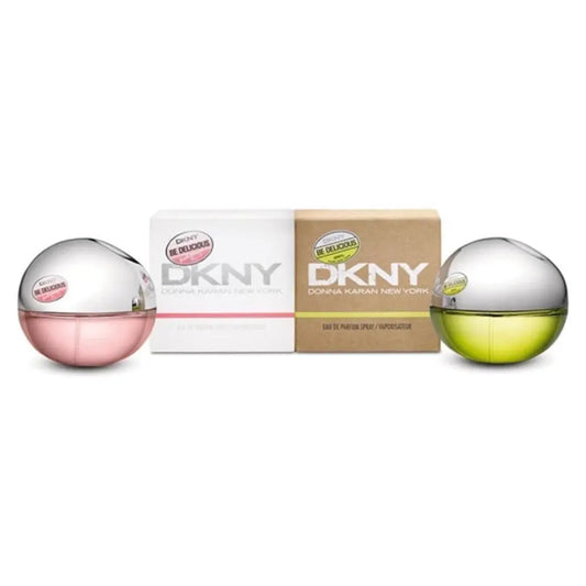 Two DKNY perfume bottles and their packaging on a white background