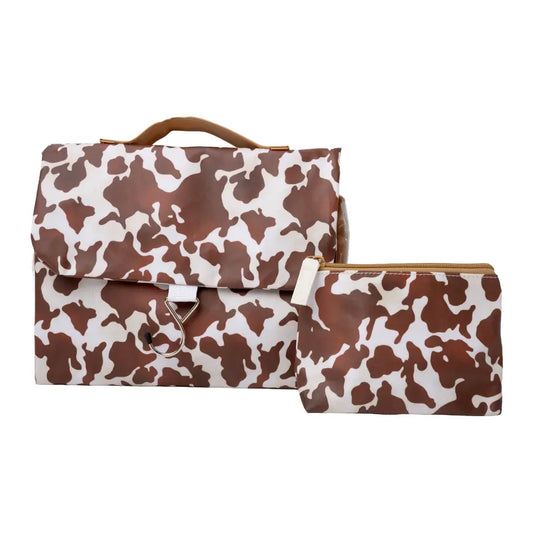 Cow Print Threefold Hanging Wash Bag & Small Makeup Bag Set Victoria Green
