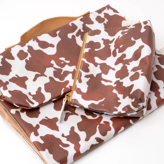 Cow Print Threefold Hanging Wash Bag & Small Makeup Bag Set Victoria Green