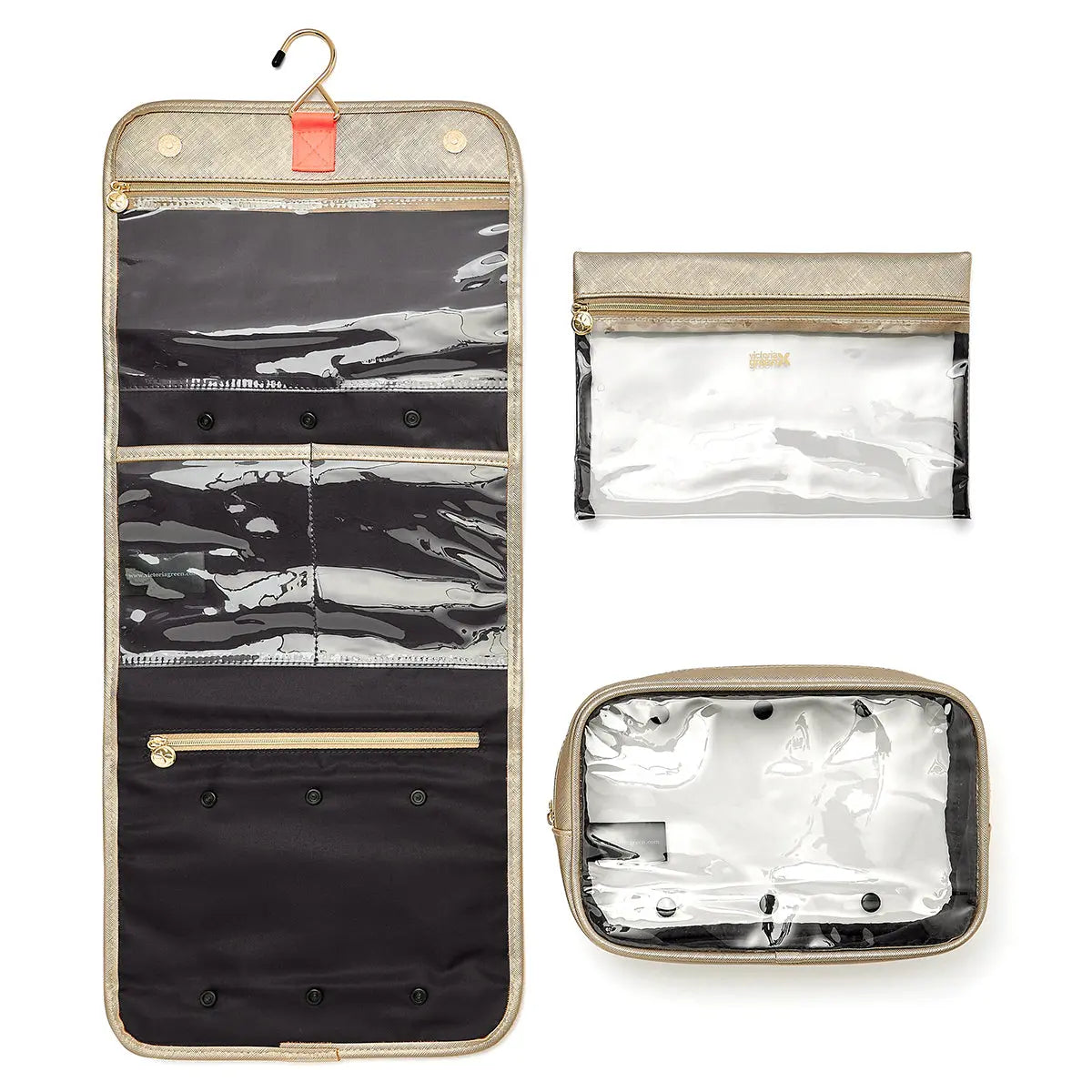 'Emma' 3 in 1 Hanging Wash Bag in Gold Victoria Green