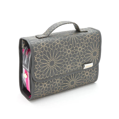 hanging wash bag in charcoal mandala print