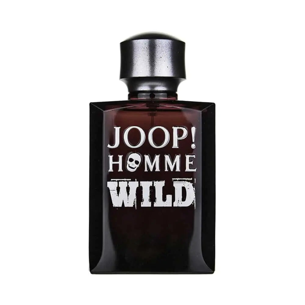 A spray bottle of Joop! Homme Wild Eau de Toilette for men, with a dark tinted liquid visible through the transparent glass and a silver spray nozzle.