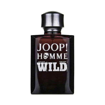 A spray bottle of Joop! Homme Wild Eau de Toilette for men, with a dark tinted liquid visible through the transparent glass and a silver spray nozzle.