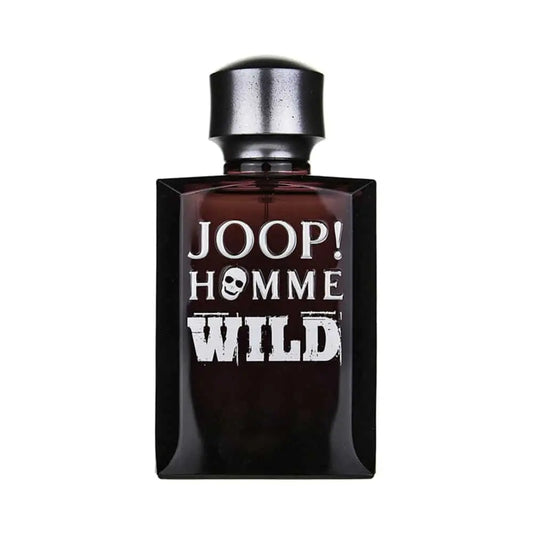 A spray bottle of Joop! Homme Wild Eau de Toilette for men, with a dark tinted liquid visible through the transparent glass and a silver spray nozzle.