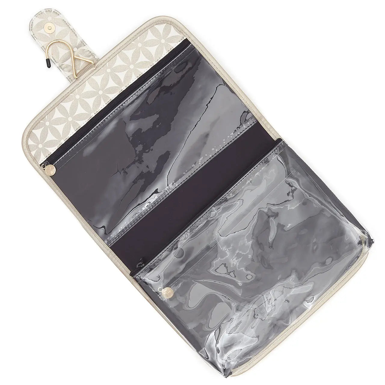 Kate Hanging wash bag with detachable airport security bag in gold pattern