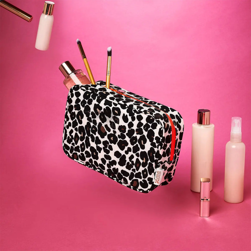 ladies wash bag leopard print tan with toiletries