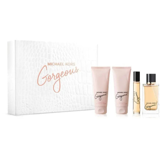 Michael Kors 'Gorgeous' perfume set with a box, two bottles, and two tubes on a white background.