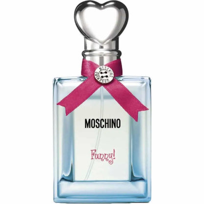 A bottle of Moschino Funny Eau de Toilette Spray with a distinctive heart-shaped cap and a pink ribbon, showcasing the product's playful elegance.