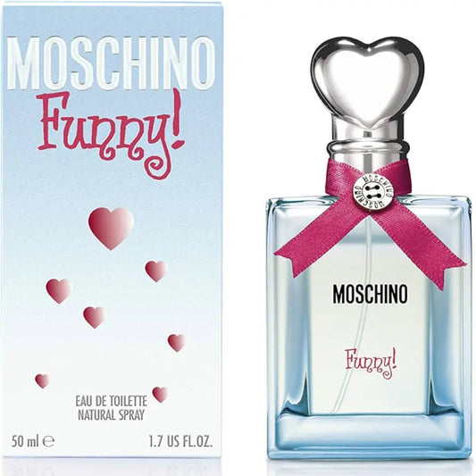 Moschino Funny! Eau de Toilette 50ml bottle next to its light blue and pink packaging box, featuring a heart-shaped silver cap and a pink ribbon bow.