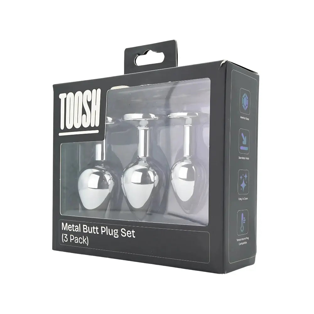 Toosh Metal Butt Plug Silver Set of 3 Clear Stone Toosh