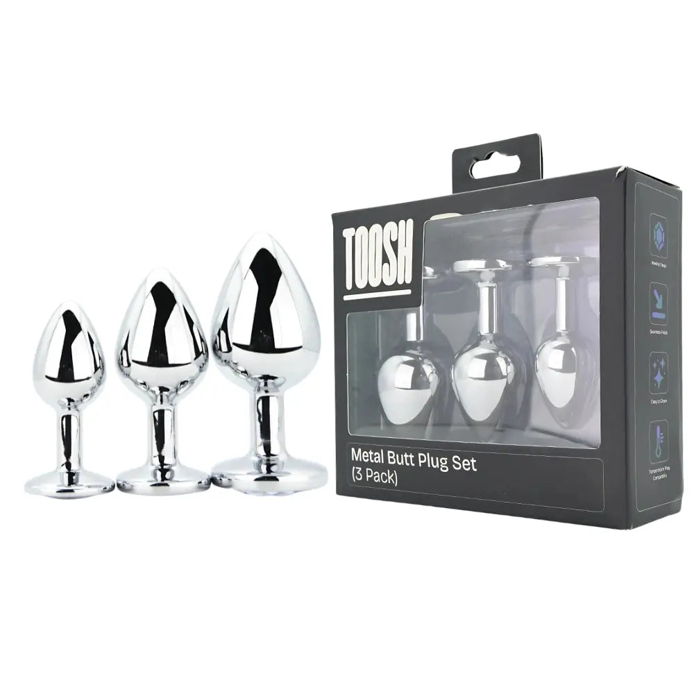 Toosh Metal Butt Plug Silver Set of 3 Clear Stone Toosh