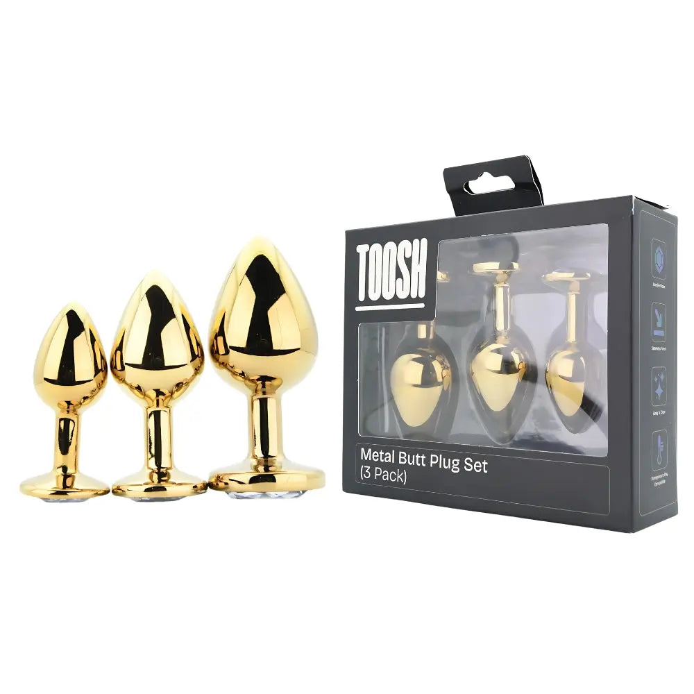 Toosh Metal Butt Plug Gold Set of 3 Clear Stone Toosh